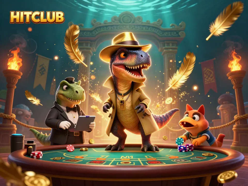 HITCLUB velociraptor playing blackjack in a vibrant casino scene filled with gold.