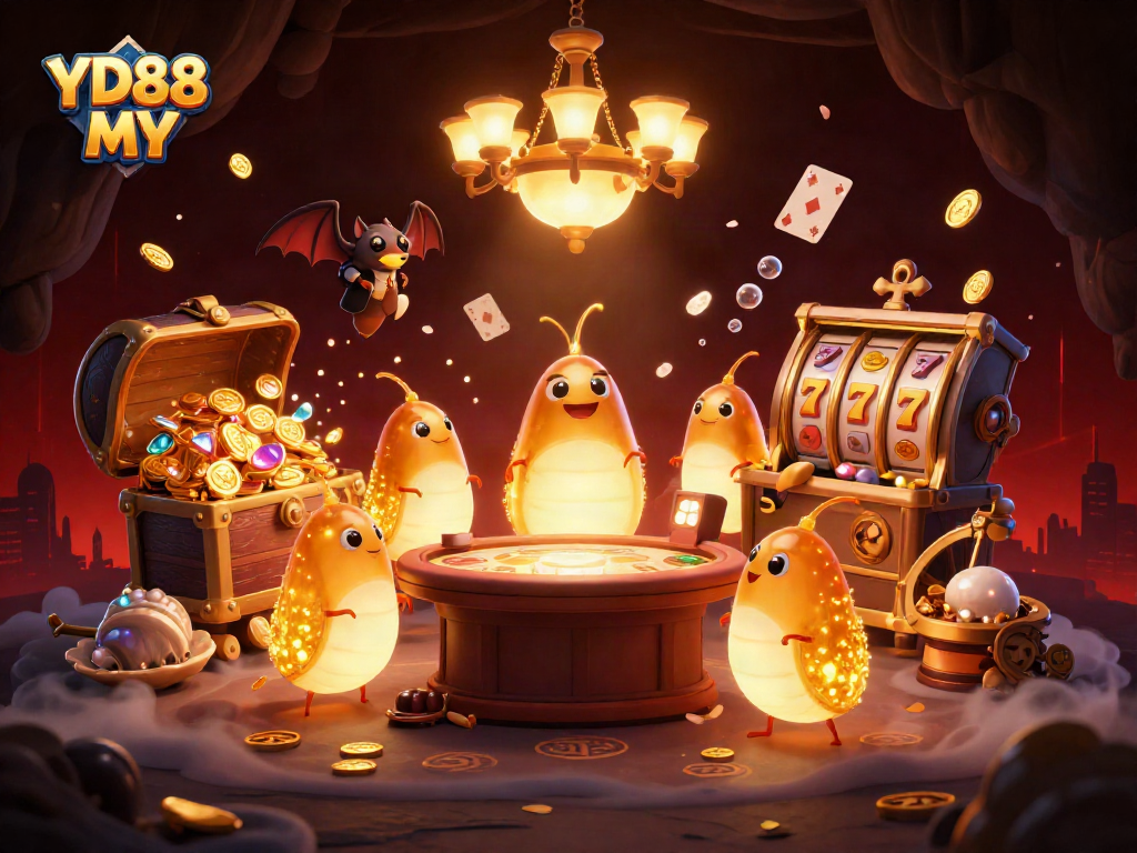 Experience YD88 MY as glowworms illuminate a casino cave filled with dynamic gaming elements.