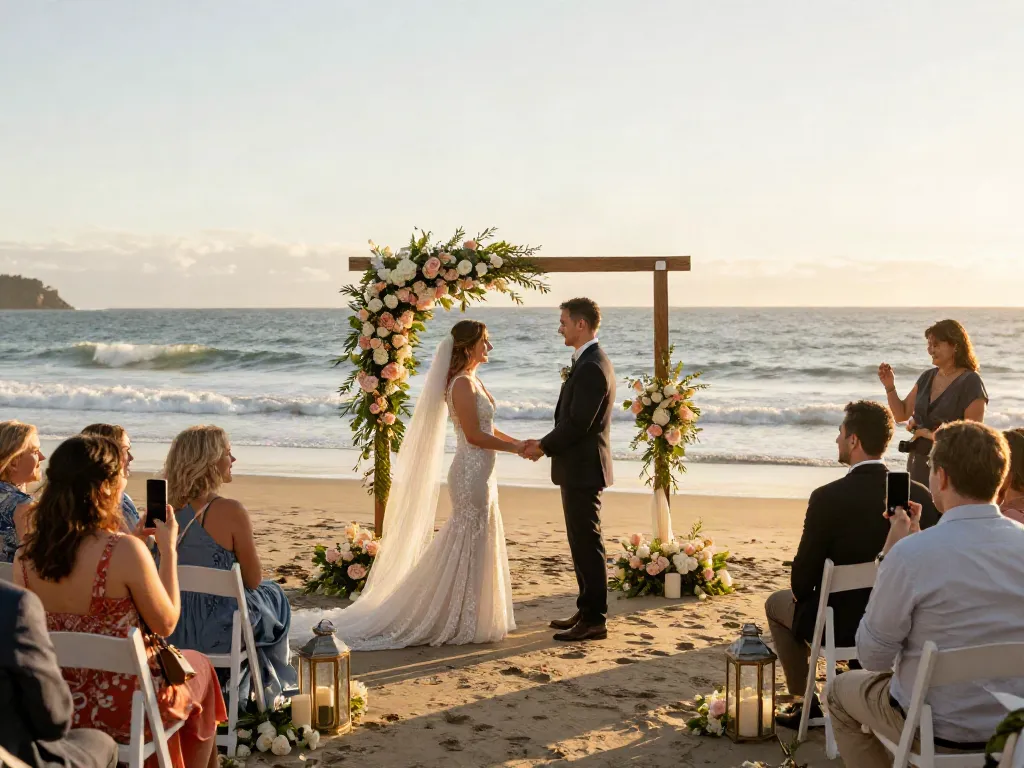Dunedin wedding photographer capturing a couple's heartfelt moment during a beach ceremony with golden hour lighting.