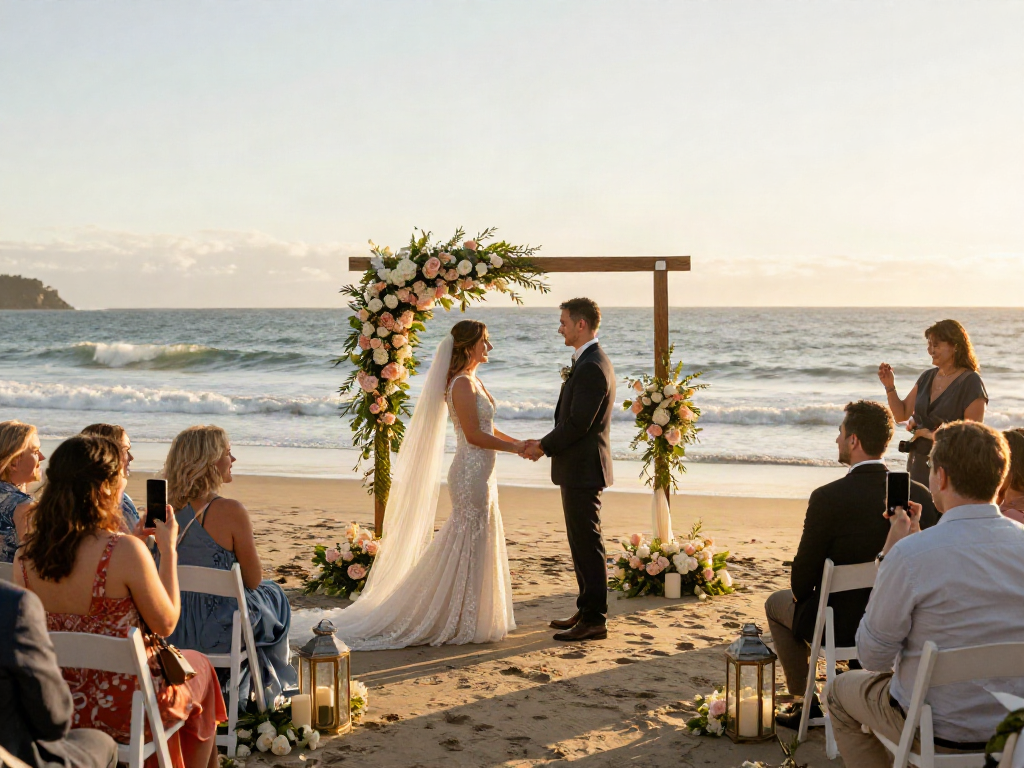 Dunedin wedding photographer capturing a couple's heartfelt moment during a beach ceremony with golden hour lighting.