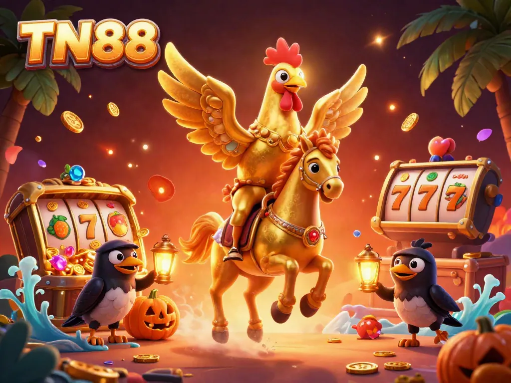 Engage with TN88's thrilling online casino world through a vibrant 3D illustration of a golden rooster hero.