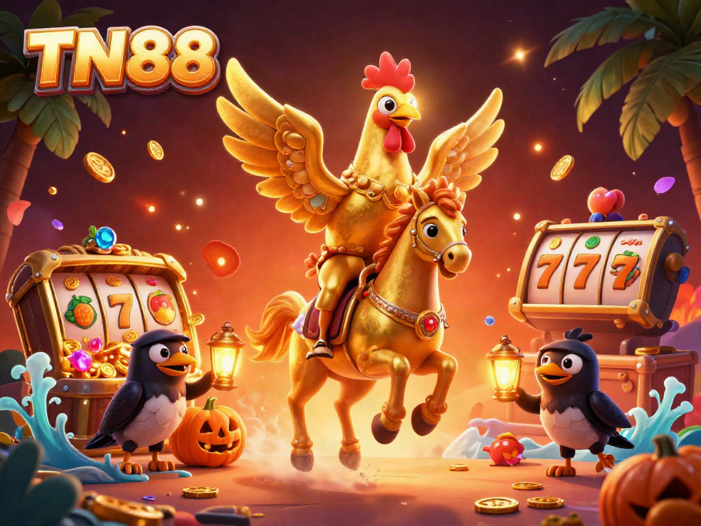 Engage with TN88's thrilling online casino world through a vibrant 3D illustration of a golden rooster hero.