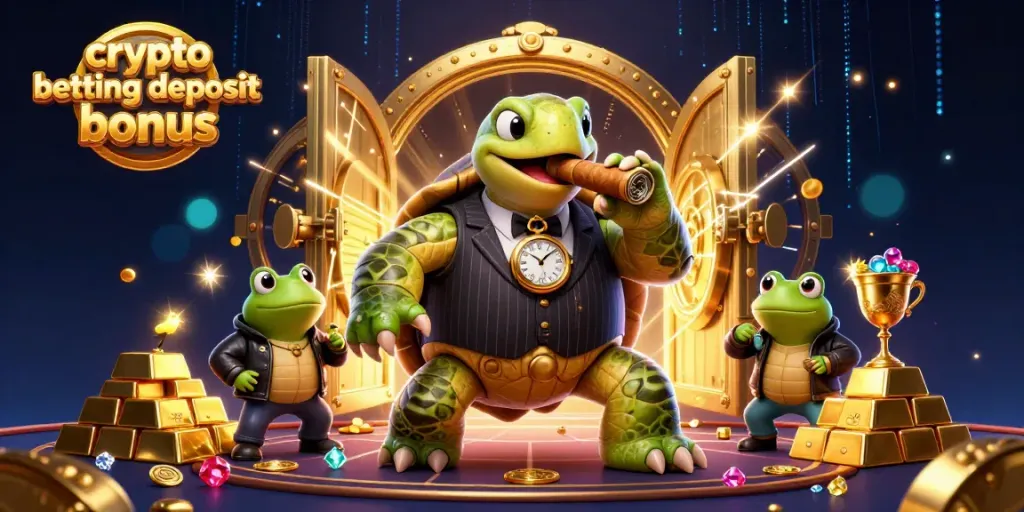 Engage with the crypto betting deposit bonus in this vibrant casino scene featuring bold characters and rich symbols.