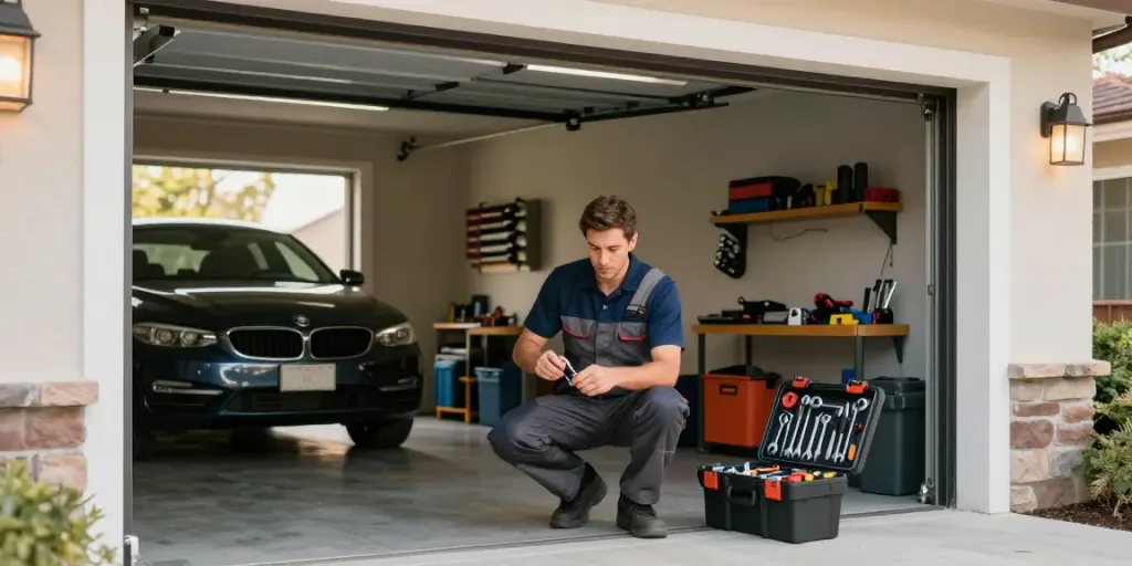Garage door fixer inspecting a residential garage door with tools in a well-lit garage.