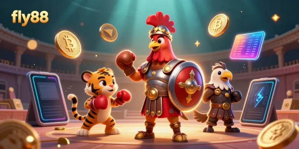 Experience the thrill of fly88 with a vibrant 3D casino scene featuring animated characters and crypto elements.