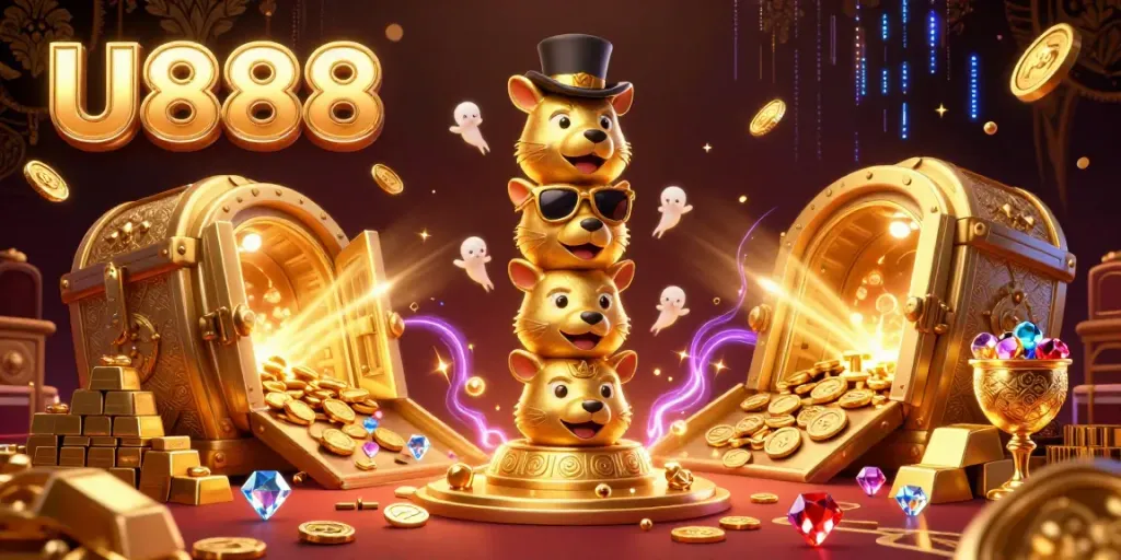 Engage in U888's vibrant casino scene featuring a whimsical totem pole, treasure vault, and sparkling gems.