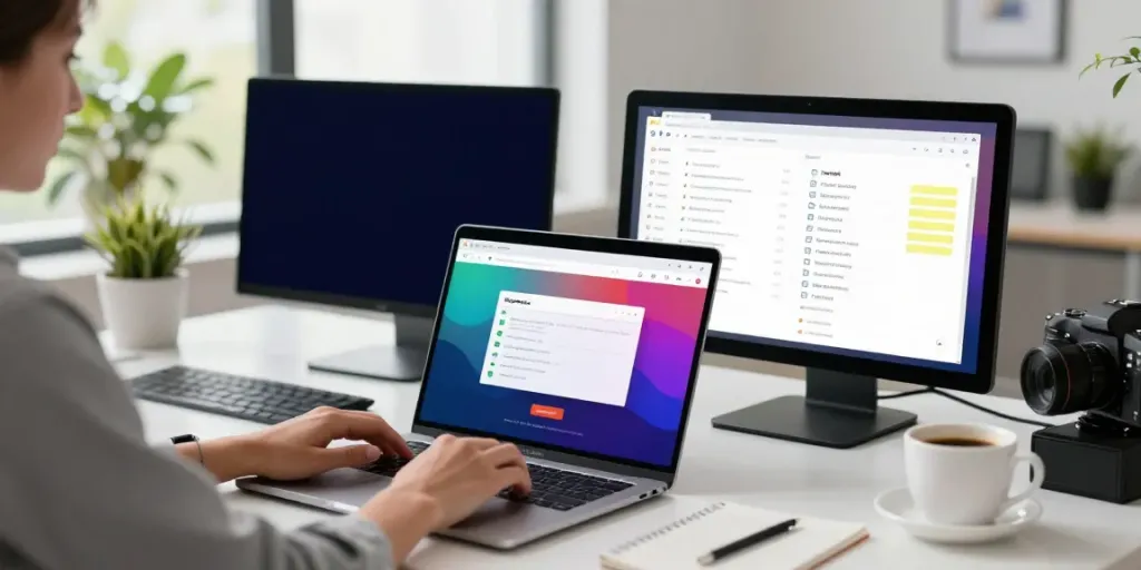 Organizing 최신주소 in a modern digital workspace with dual monitors.