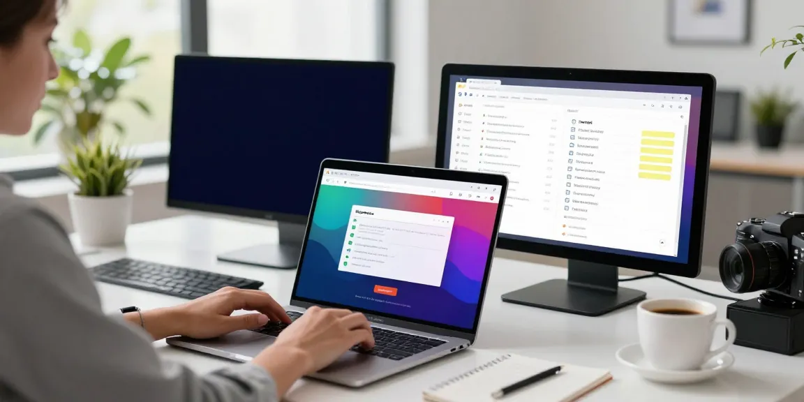 Organizing 최신주소 in a modern digital workspace with dual monitors.