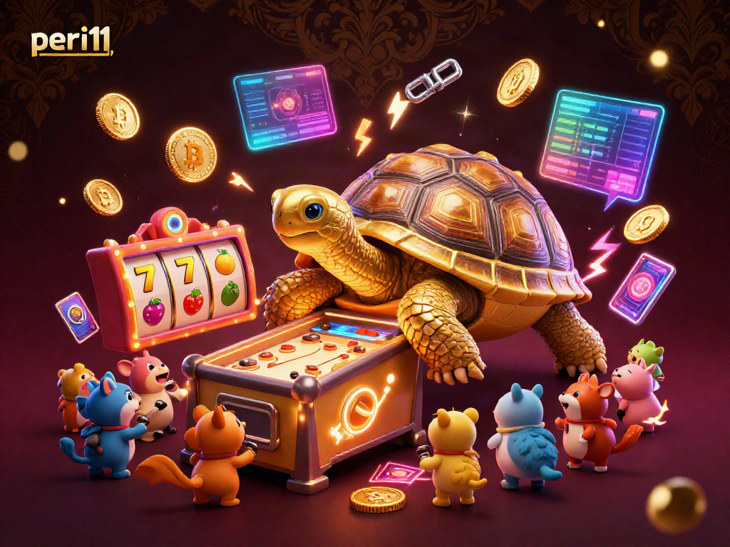 Experience the exciting pinball action of peri11 with a golden tortoise shell machine and slot reels.