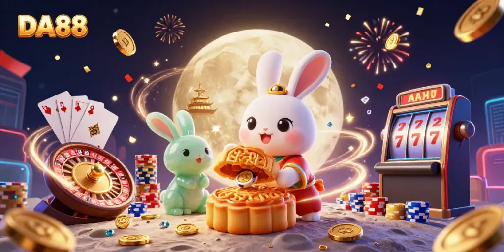 Experience DA88 with a vibrant illustration of a moon rabbit revealing poker chips among golden coin cascades.