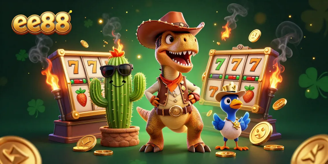 Experience the thrill of ee88 with a lively illustration showcasing a dinosaur cowboy amidst vibrant jackpot reels.