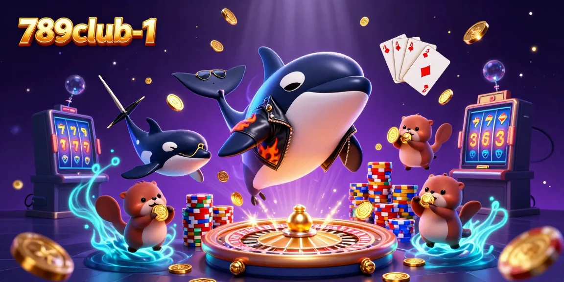 Experience the excitement of 789club-1 as a cartoon orca jumps amidst cascading gold coins and sparkling gems.