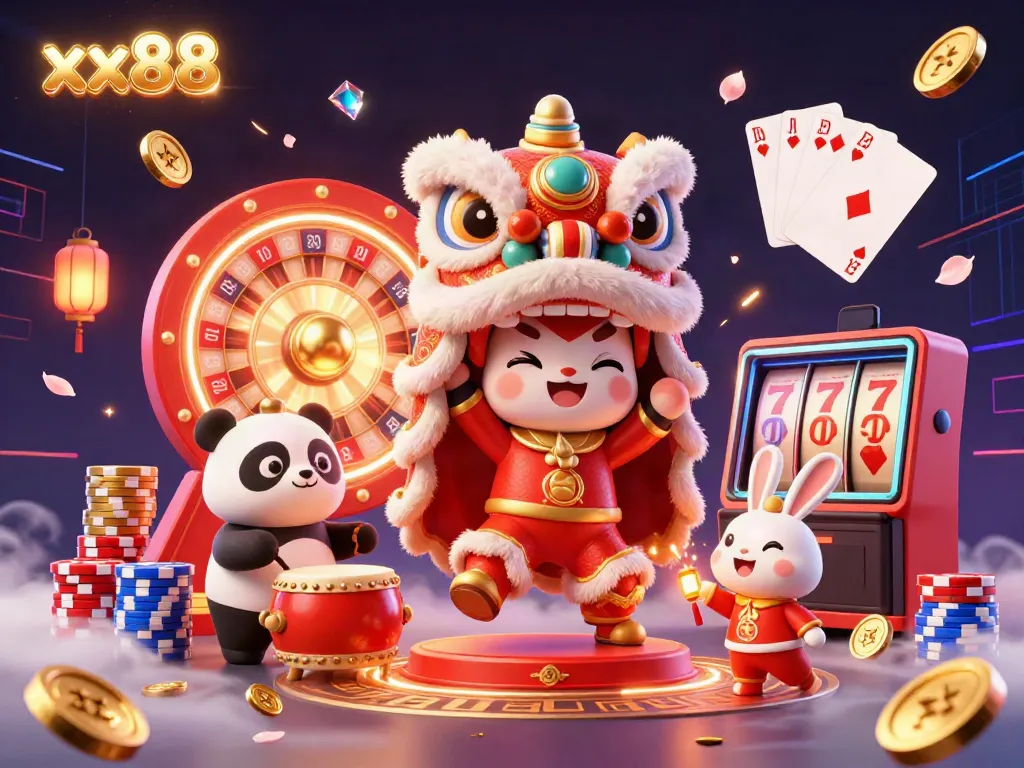 Experience the excitement of xx88 with a colorful lion dance, coins, and casino elements in this vibrant illustration.