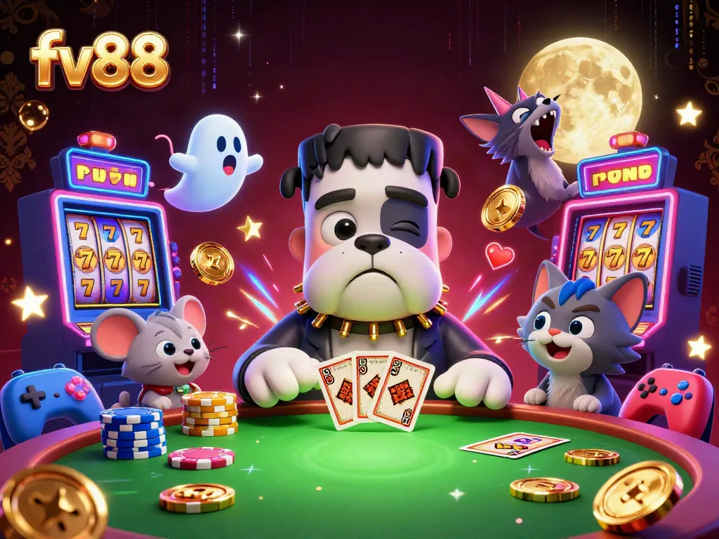 Spin the reels at FV88 with a unique 3D cartoon casino scene featuring engaging characters.