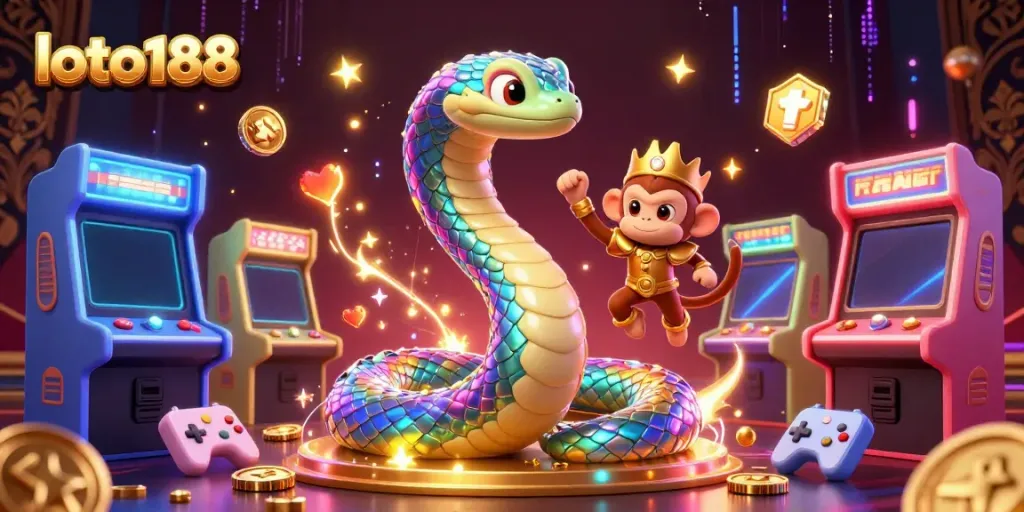 Experience the vibrant world of loto188 with a colorful illustration of a rainbow serpent, gaming elements, and casino vibes.