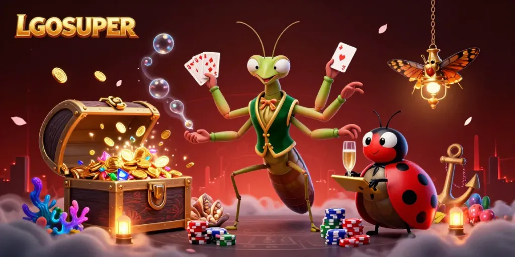 LGOSUPER showcases a vibrant gambling scene with a giant mantis card sharp and ladybug pit boss amidst rich casino elements.