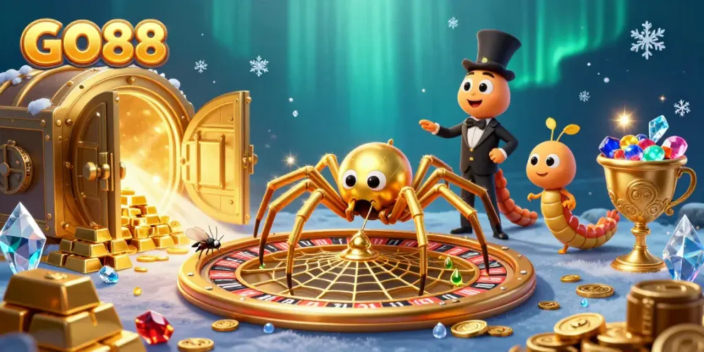 Experience the excitement of betting at GO88 with a dynamic roulette-themed scene featuring captivating characters and treasures.