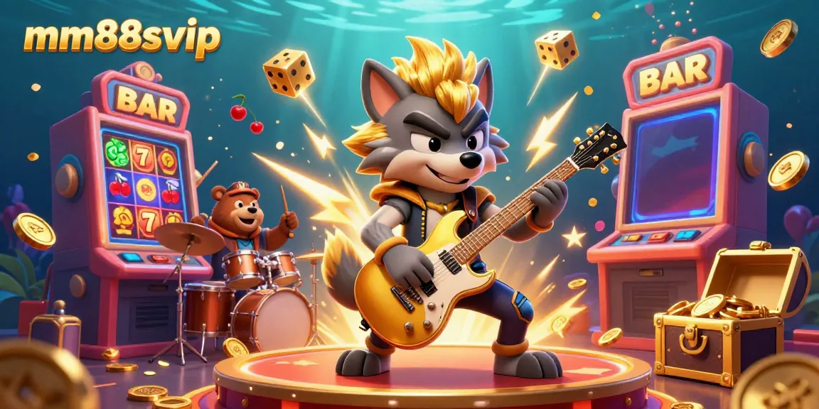 Experience the vibrant excitement of the mm88svip casino world with a rock star wolf and a drummer bear amidst a jackpot explosion.