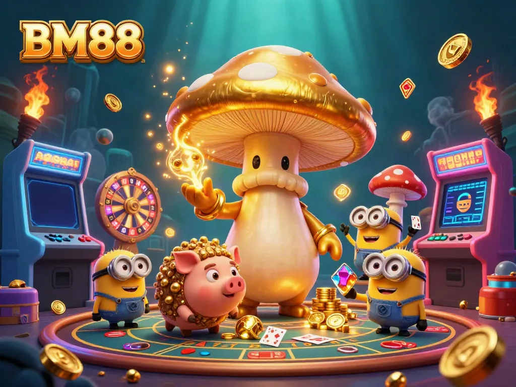 Experience the thrill of BM88: vibrant 3D casino illustration with golden wizard, treasure, and gaming elements.