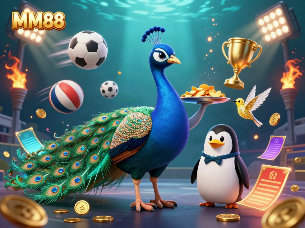 Experience massive wins with MM88, featuring an aristocratic peacock, golden chips, and dynamic sports elements.