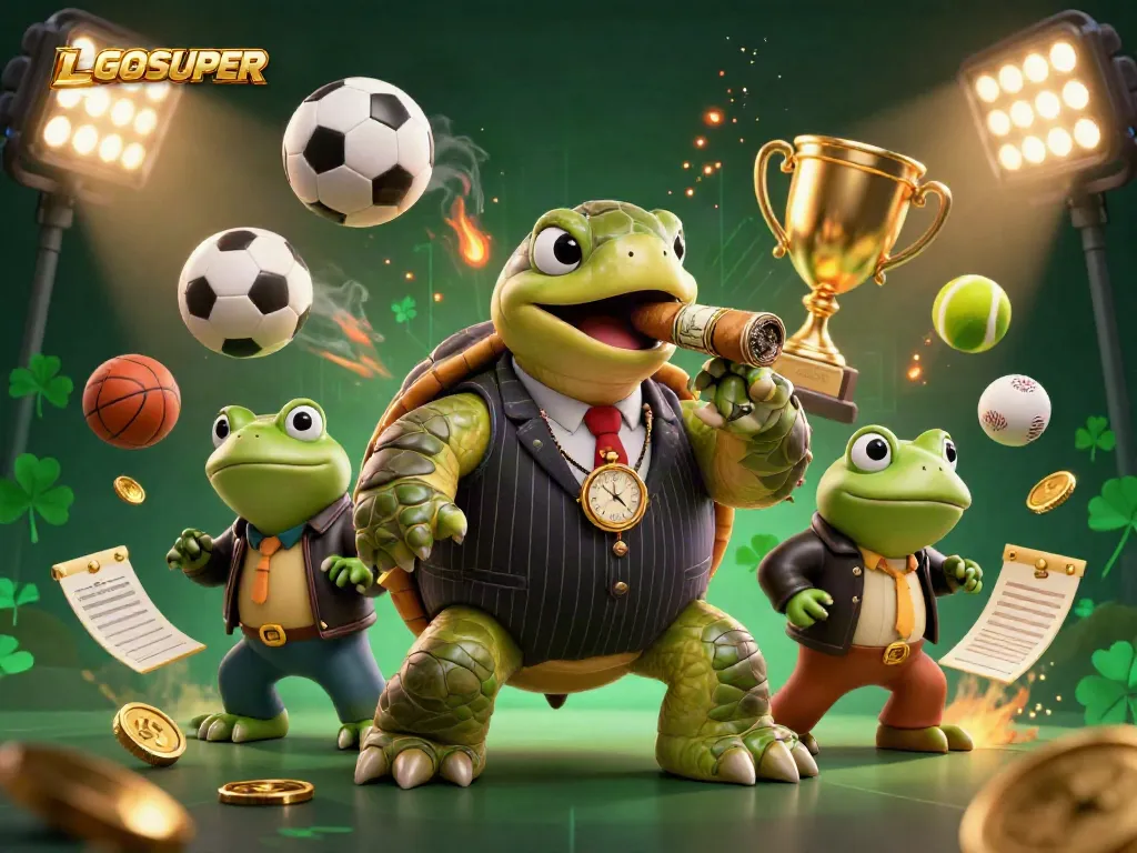 Experience thrilling moments at LGOSUPER with a lively scene of a cartoon turtle and bullfrog enforcers amid dynamic sports elements.