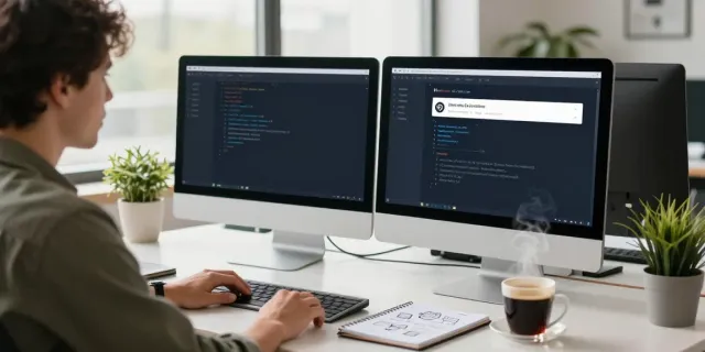 Web developer using a WordPress live chat plugin in a modern office setup with dual monitors.