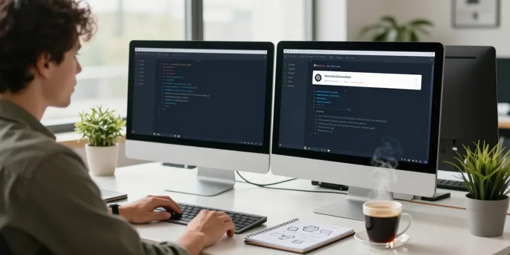 Web developer using a WordPress live chat plugin in a modern office setup with dual monitors.