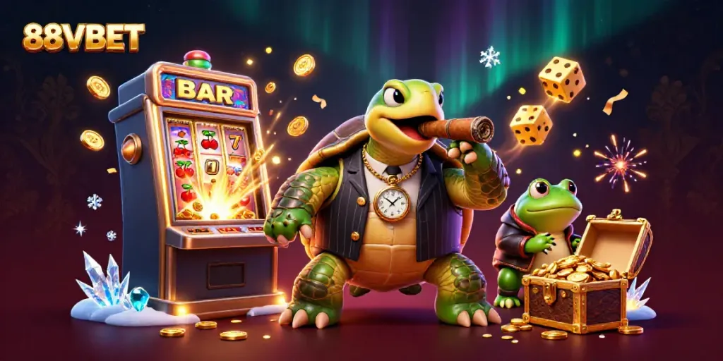 Experience the fun at 88VBET with a vibrant casino scene featuring iconic slot machines and animated characters.