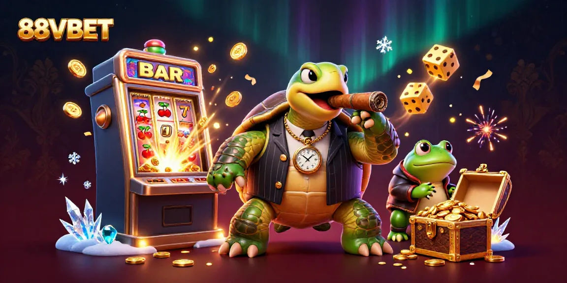 Experience the fun at 88VBET with a vibrant casino scene featuring iconic slot machines and animated characters.