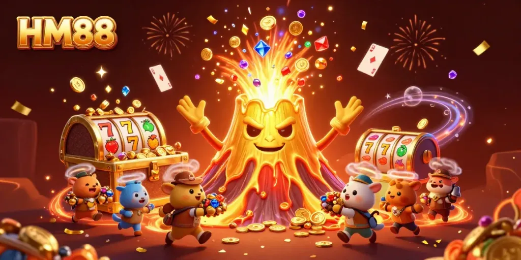 Win big with HM88’s dynamic casino world featuring a golden volcano and treasures!