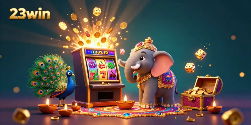 Experience the excitement of 23win with a vibrant illustration of a colorful casino scene.