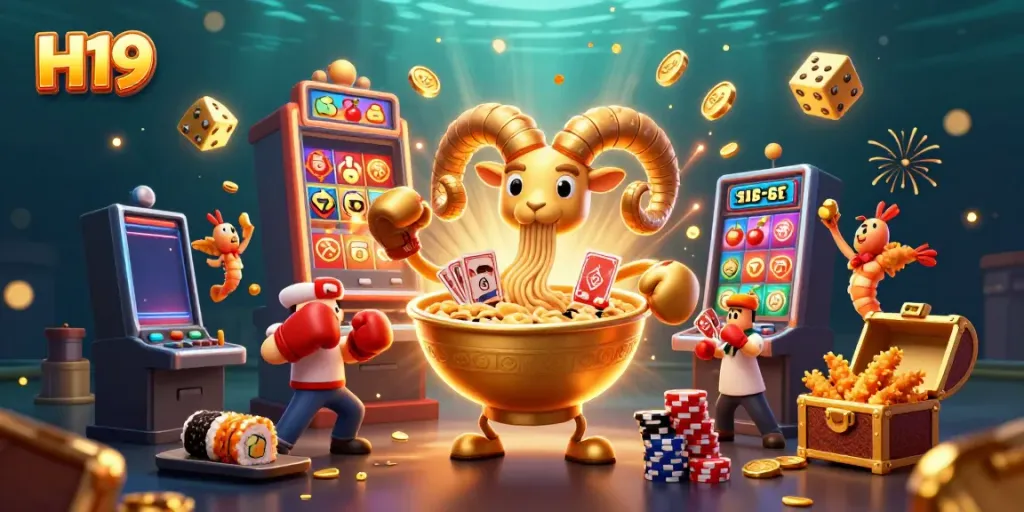Experience thrilling gameplay and excitement at H19, featuring vibrant cartoon characters and dynamic casino elements.