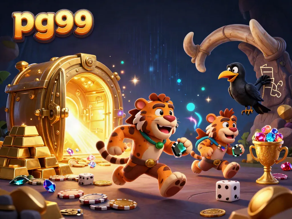 Experience pg99's thrilling gaming with animated caveman and sabertooth in ancient casino setting.