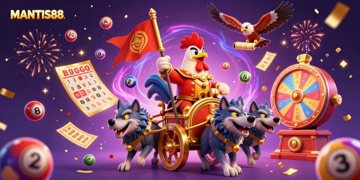 MANTIS88 offers an engaging scene with a rooster warlord and dynamic gaming elements showcasing an exciting online gambling experience.