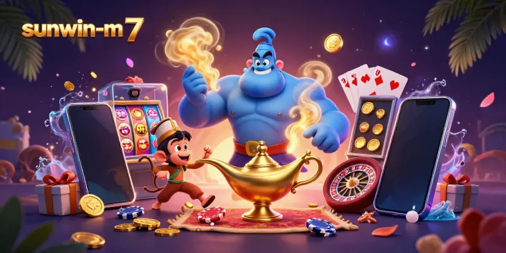 Experience excitement with sunwin-m7, featuring a vibrant 3D casino scene bursting with magic and games.