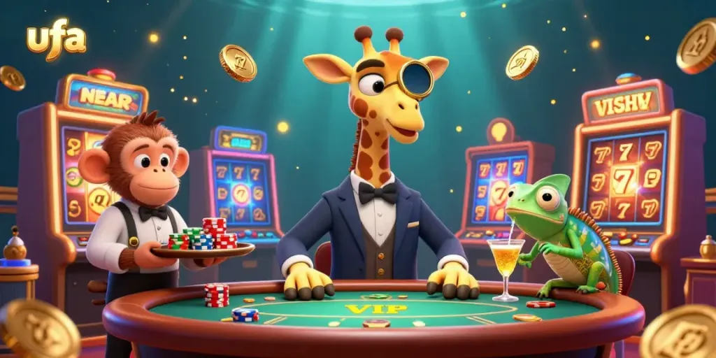 Experience thrilling entertainment at ufa with cartoon giraffe, monkey, and chameleon at a lavish casino table.