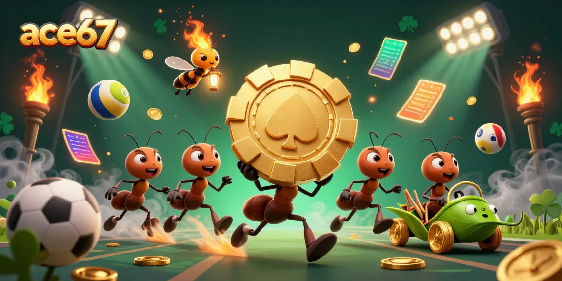 Engage in thrilling gameplay with ace67 as cartoon ants seize a giant golden poker chip amidst sports elements.