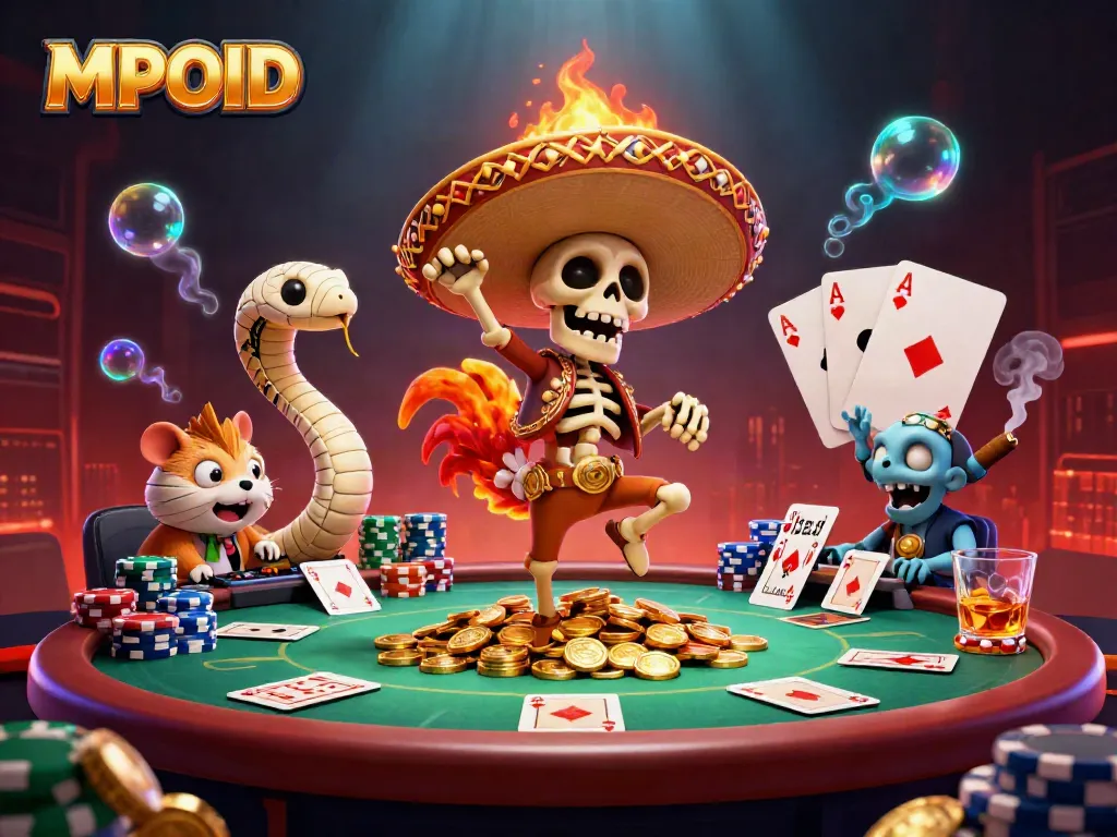 MPOID showcases a lively scene with a cartoon skeleton rooster celebrating amidst poker elements and golden coins.