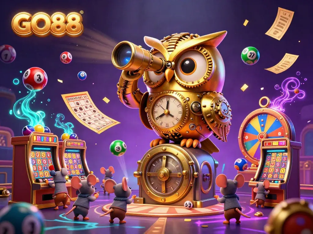 Experience the vibrant atmosphere of GO88's casino scene with a golden owl and playful mice.