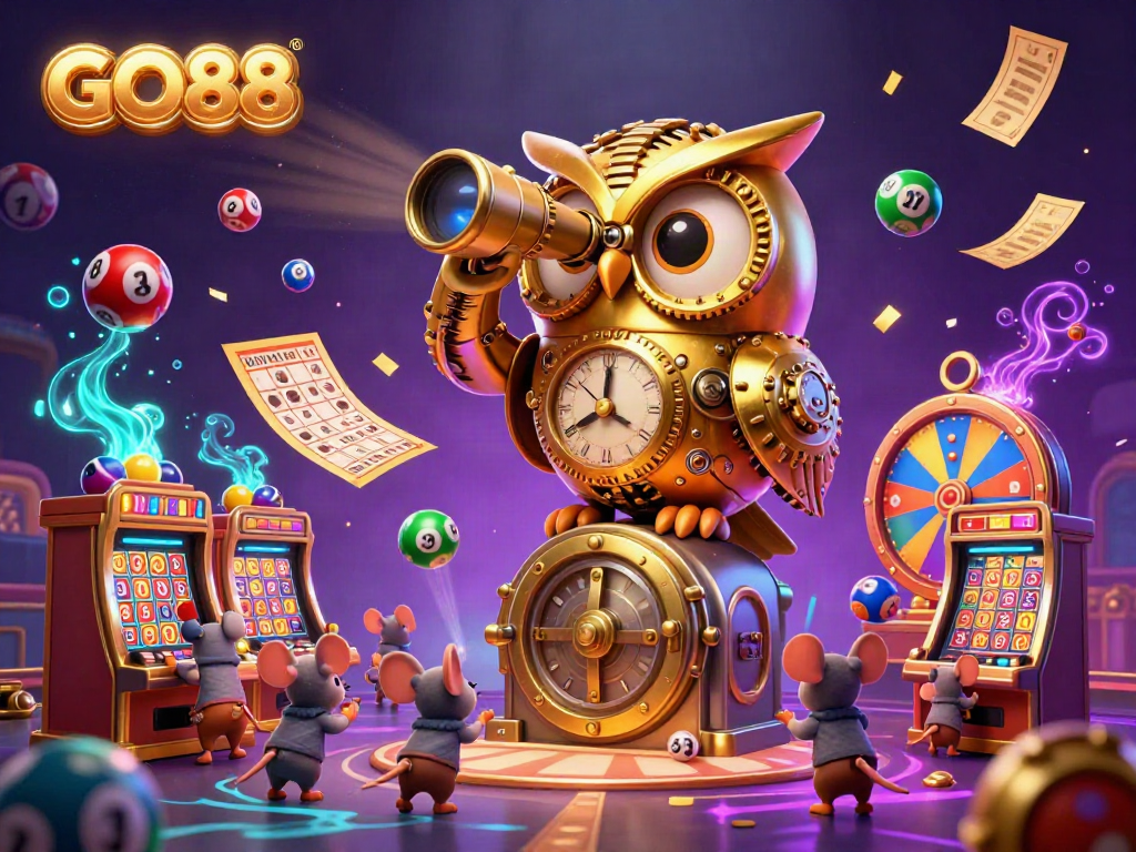 Experience the vibrant atmosphere of GO88's casino scene with a golden owl and playful mice.