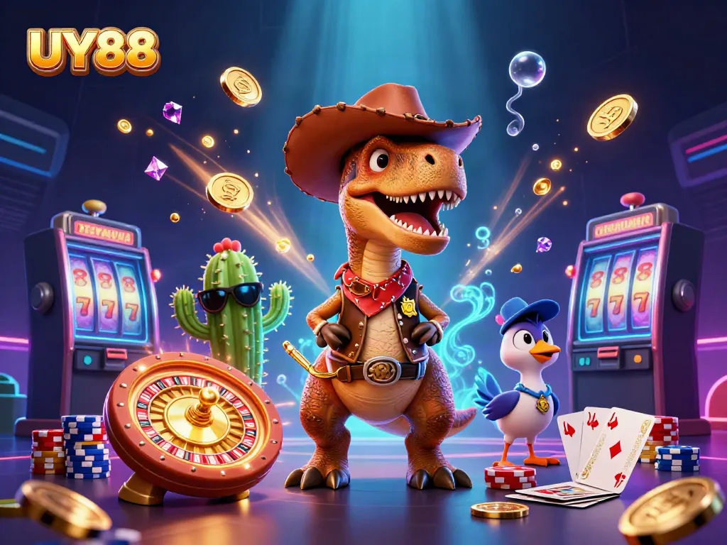 Experience exhilarating gaming at UY88 with vibrant characters, cascading gems, and thrilling casino elements.
