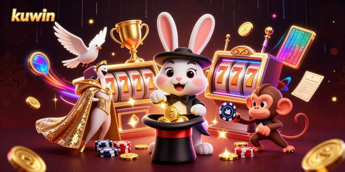 Catch the excitement with Kuwin as our magician rabbit conjures golden coins amidst dazzling gaming elements.