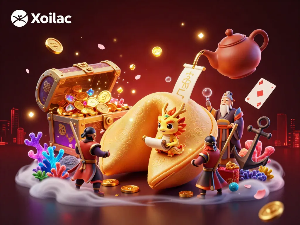 Xoilac Casino Illustration featuring fortune cookie, dragon, and treasure in a vibrant 3D scene.