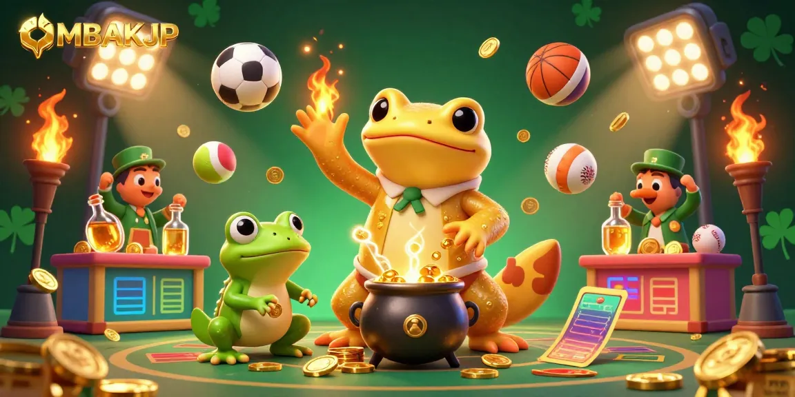 Experience OMBAKJP in this vibrant casino scene showcasing golden alchemy and dynamic sports elements.