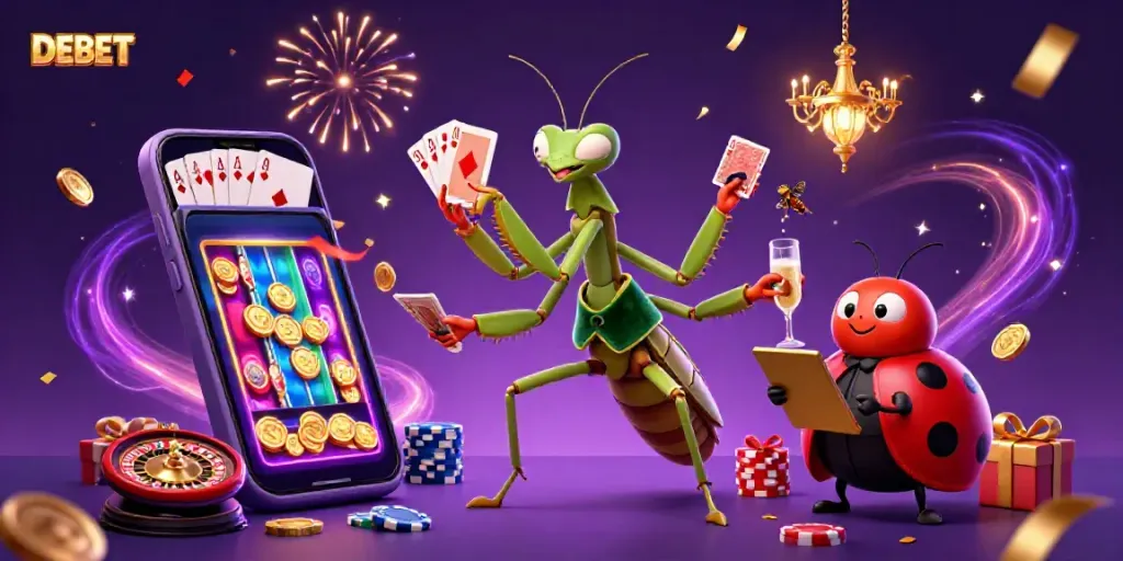 DEBET showcases a vibrant gambling scene with a praying mantis dealing cards and a ladybug pit boss amid confetti and dynamic casino elements.