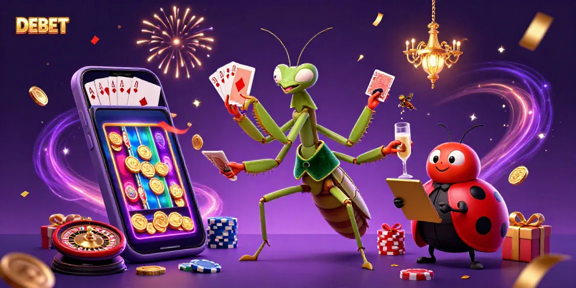 DEBET showcases a vibrant gambling scene with a praying mantis dealing cards and a ladybug pit boss amid confetti and dynamic casino elements.