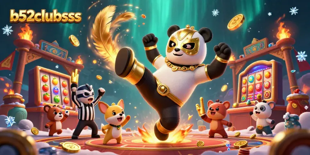 B52clubsss showcases a vibrant 3D cartoon scene of a wrestling panda in action, celebrating casino gaming.