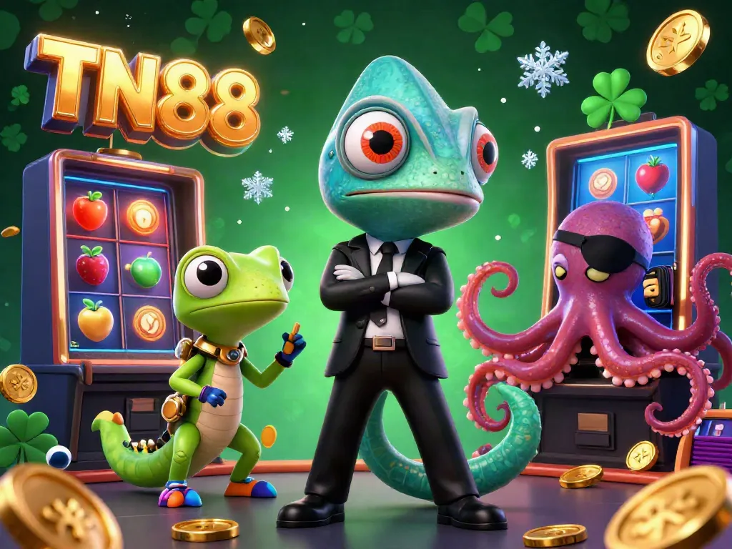Engage in thrilling gameplay at TN88 with a vibrant casino scene, featuring cartoon characters and slot games.