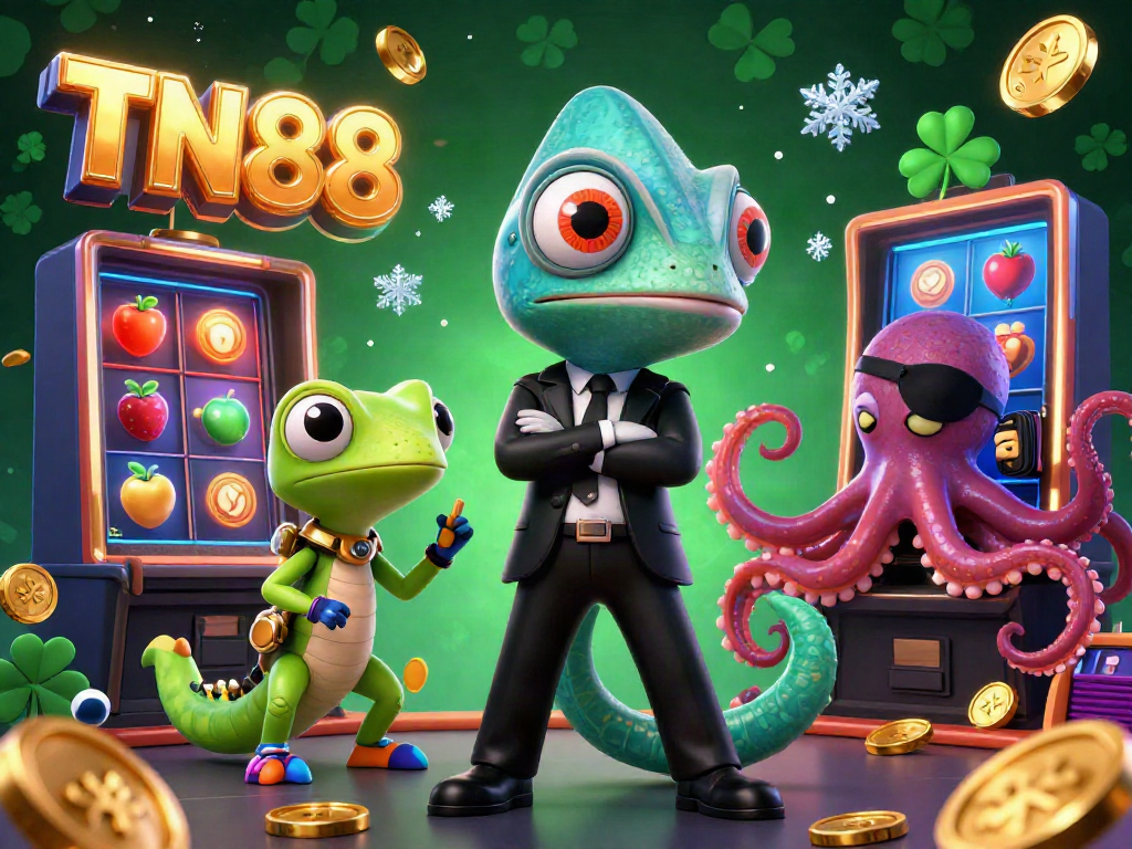 Engage in thrilling gameplay at TN88 with a vibrant casino scene, featuring cartoon characters and slot games.
