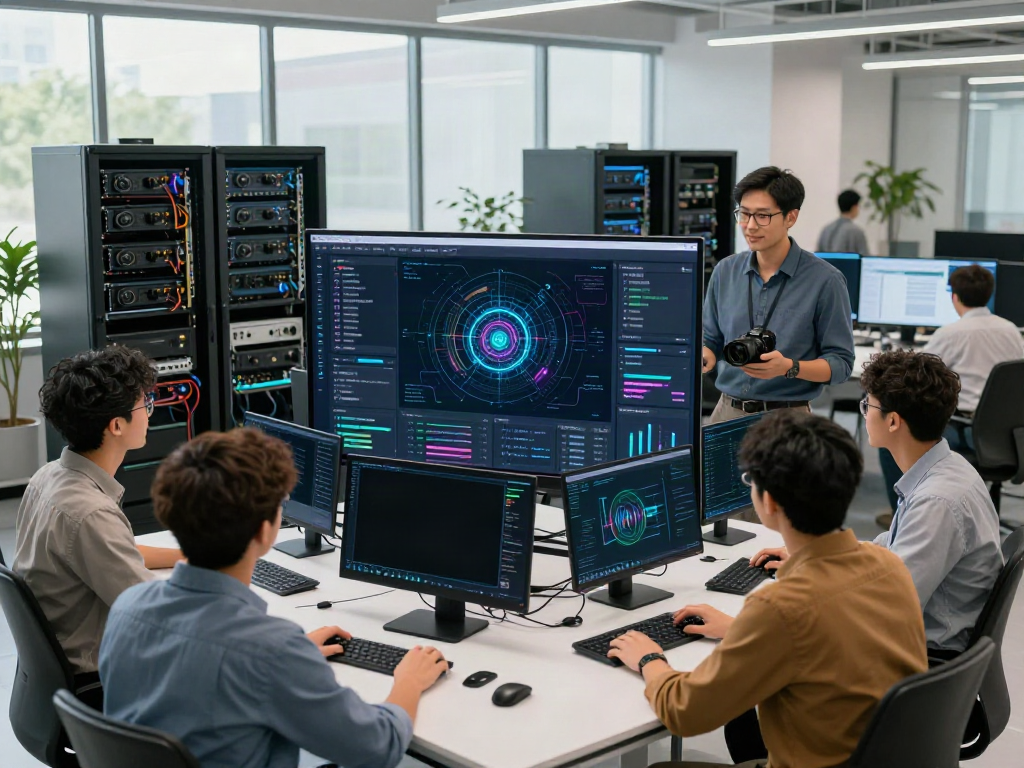 Engineers collaborating on AI infrastructure within a modern workspace.